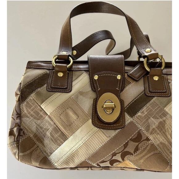 COACH KHAKI BROWN SIGNATURE PATCHWORK ZIP TURNLOCK TOTE BAG PURSE SATCHEL 12524 - Picture 2 of 10